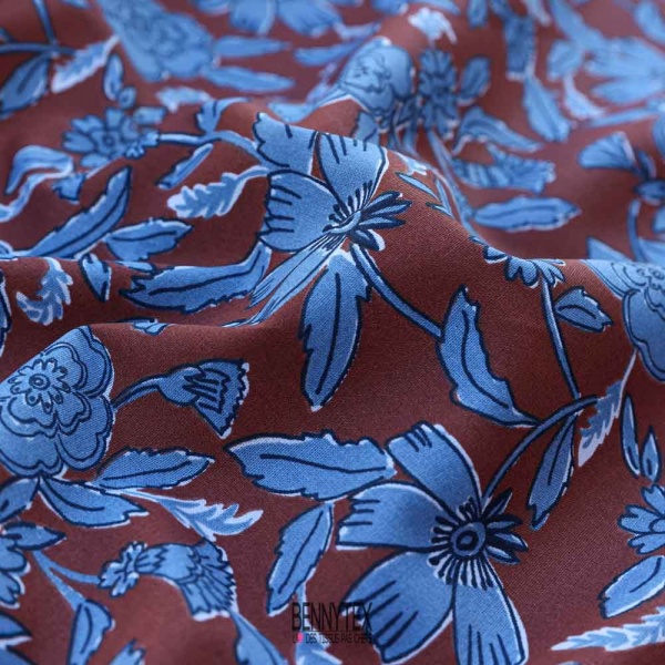 coton lorraine loisirs creatif souple fond tabac fleurs gris bleu indigo