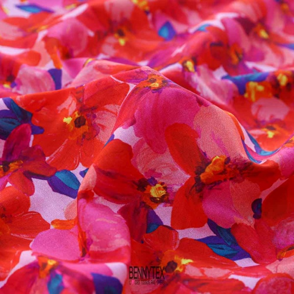 popeline haute couture souple fond rose fleuri rouge et fushia