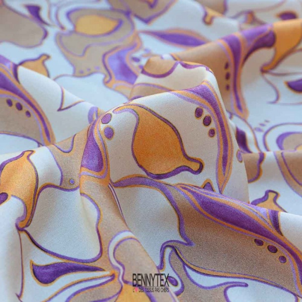 satinette de soie viscose fond champagne a motif sable et violet