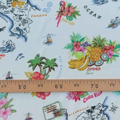 satin de viscose de luxe fond beige cassé motifs tropical