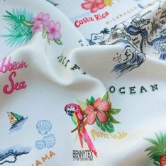 satin de viscose de luxe fond beige cassé motifs tropical