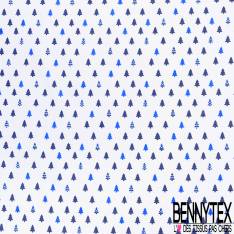 Coton Imprimé Petit Sapin de Noël Bleu Roi Marine fond Blanc