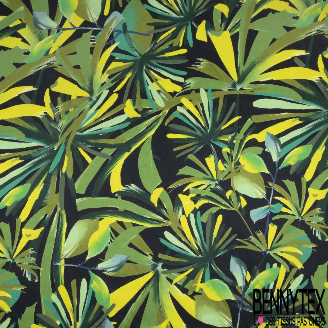 Satin De Coton De Soie Imprime Feuillage Tropical Ton Vert Fond Noir Bennytex Vente De Tissus Pas Cher Au Metre Satin De Coton De Soie Imprime Feuillage Tropical Ton Vert Fond Noir Bennytex Vente De Tissus Pas Cher Au Metre