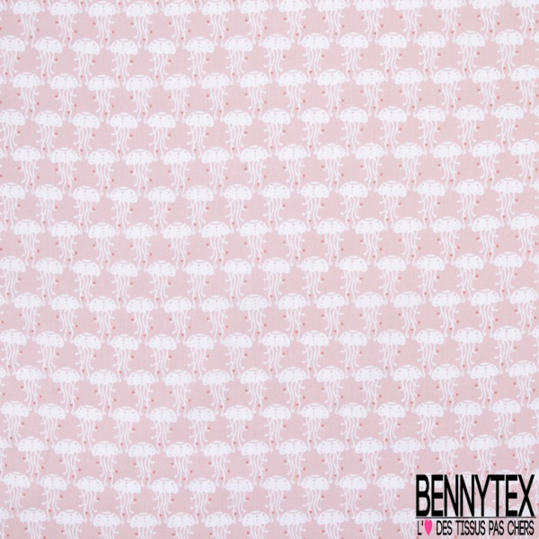 Coton imprimé motif méduse blanche sur fond rose
