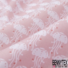 Coton imprimé motif méduse blanche sur fond rose
