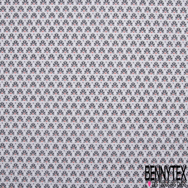 Coton imprimé petit motif original gris et corail sur fond blanc cassé