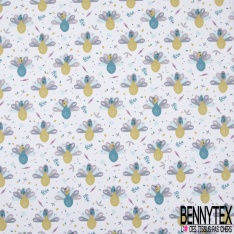 coton imprimé motif petits paons bleu canard et vers anis Fond blanc avec des petites plumes volantes