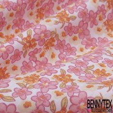 coton imprimé motif fleurs roses et beiges avec myrtille orange Fond blanc
