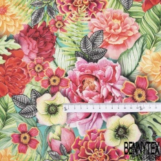Coton demi natté imprimé digital motif fleurs multicolores Fond turquoise