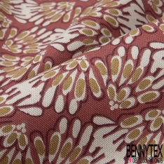 Coton Natté Imprimé motif bouquet de feuille naive Fond rouge corail pastel