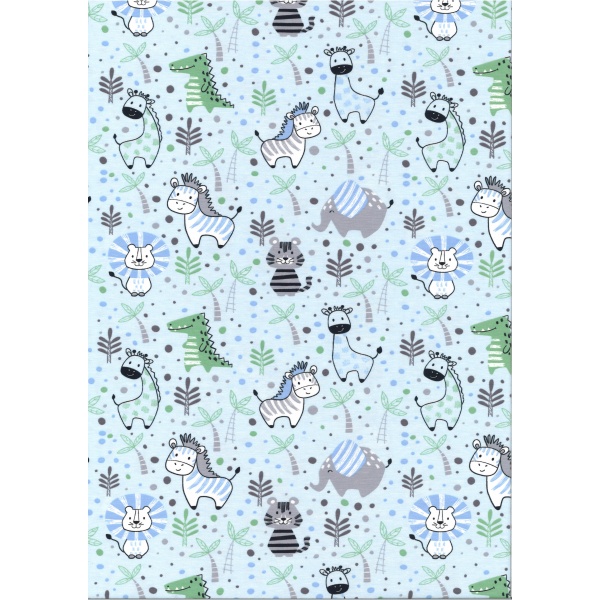 Jersey Coton Elasthanne motif animaux dans la jungle fond bleu ciel Jersey Coton Elasthanne motif animaux dans la jungle fond bleu ciel