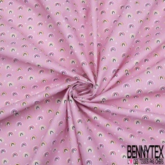 Crétonne 100% coton Impression Motif petits arcs multicolores Fond rose