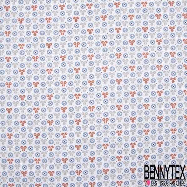 Crétonne 100% coton Impression Motif formes fantaisistes gris orange bleu Fond blanc
