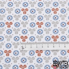 Crétonne 100% coton Impression Motif formes fantaisistes gris orange bleu Fond blanc
