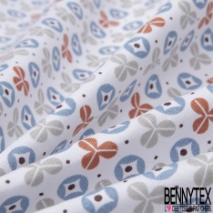 Crétonne 100% coton Impression Motif formes fantaisistes gris orange bleu Fond blanc