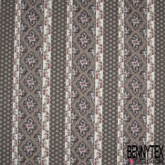 Crétonne 100% coton Impression Motif maillane et bandes de fleurs Fond gris