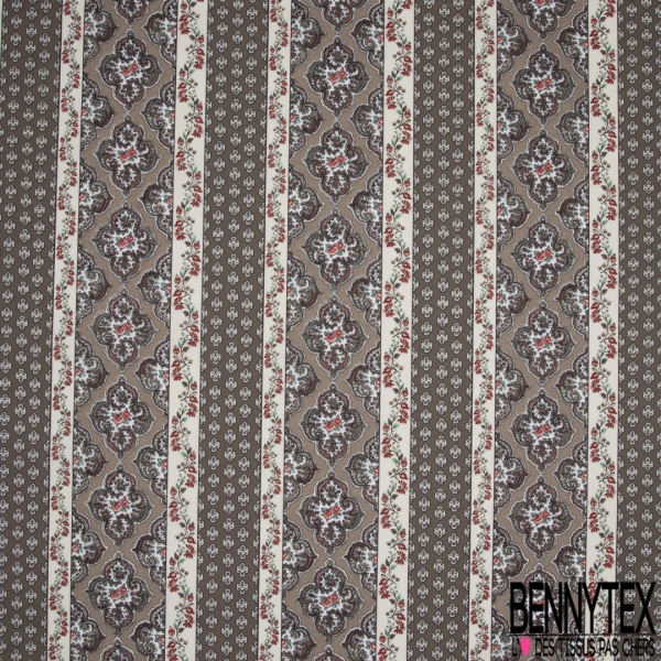 Crétonne 100% coton Impression Motif maillane et bandes de fleurs Fond gris