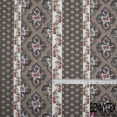 Crétonne 100% coton Impression Motif maillane et bandes de fleurs Fond gris