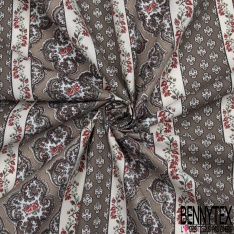 Crétonne 100% coton Impression Motif maillane et bandes de fleurs Fond gris