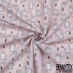 Toile Lorraine 100% coton Impression Motif petits oursons Fond rose clair