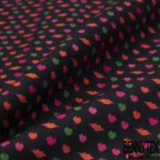 Coton imprimé digital motif petites bouches rouges et petits cœurs roses et verts Fond noir