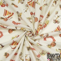 Voile de Coton Motif Camping île Fond Blanc