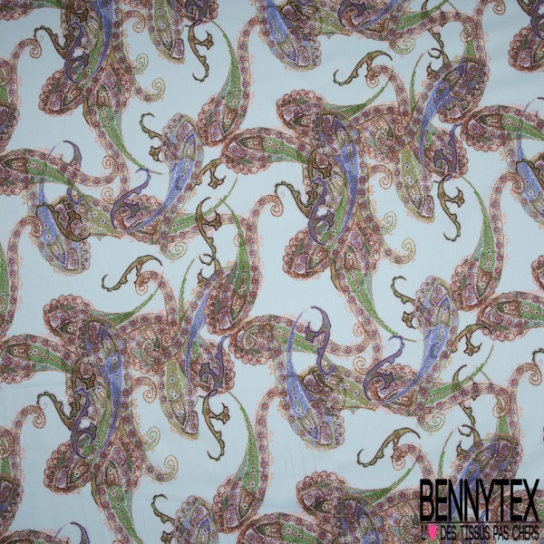 Popeline Coton Imprimé Motif Pesley Fond Bleu Pastel