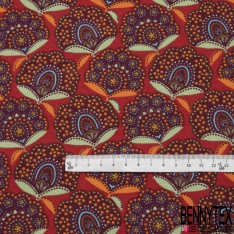 Cretonne 100 % Coton Imprimé motif fleur assam multicolore Fond brique
