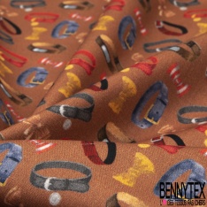 Coton imprimé digital motif collier et noeud papillon pour chat et chien multicolore Fond terracotta