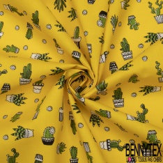 Coton imprimé Motif cactus vert Fond jaune soleil
