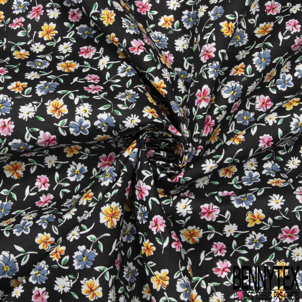 Coton imprim  Motif  fleur  multicolore  Fond noir Bennytex 