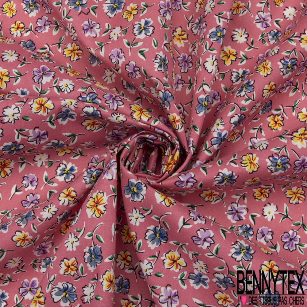 Coton imprim  Motif  fleur  multicolore  Fond rose Bennytex 