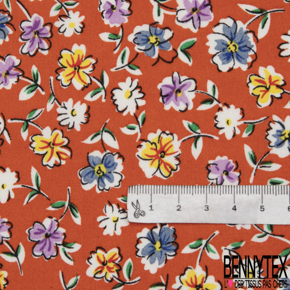 Coton imprim  Motif  fleur  multicolore  Fond orange carotte 