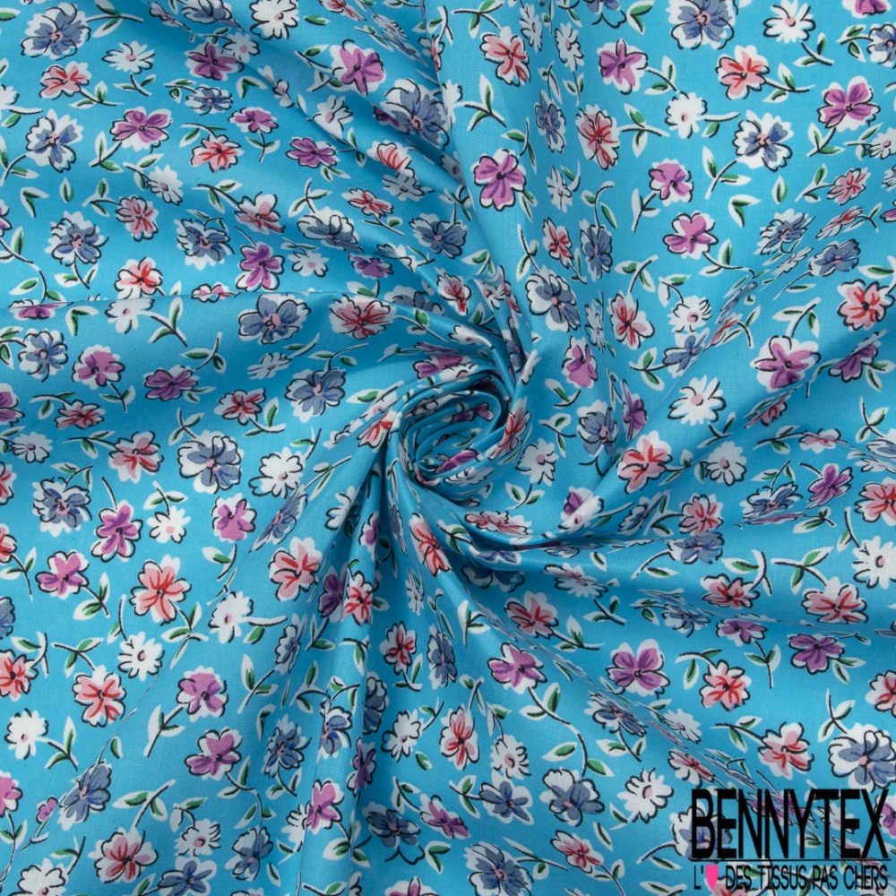 Coton imprim  Motif  fleur  multicolore  Fond bleu turquoise 
