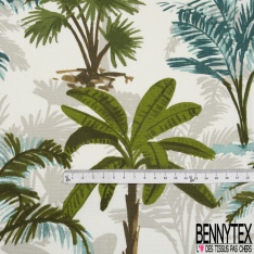Toile de Coton Imprimé Motif tropical vert gris et émeraude
