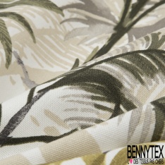Toile de Coton Imprimé Motif tropical vert gris et beige Fond blanc