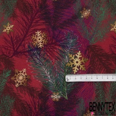 Coton demi natté imprimé digital Motif grandes feuilles vert et violet et flocon de neige or Fond lie de vin