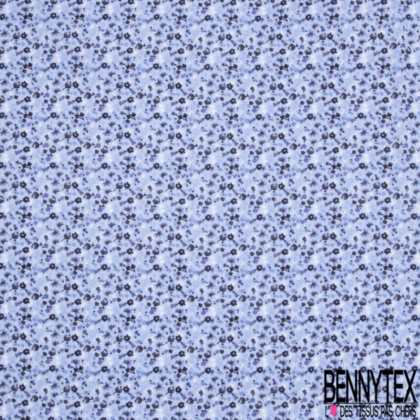 Gaze de Coton Imprimé Motif fleuri bleu marine Fond bleu clair