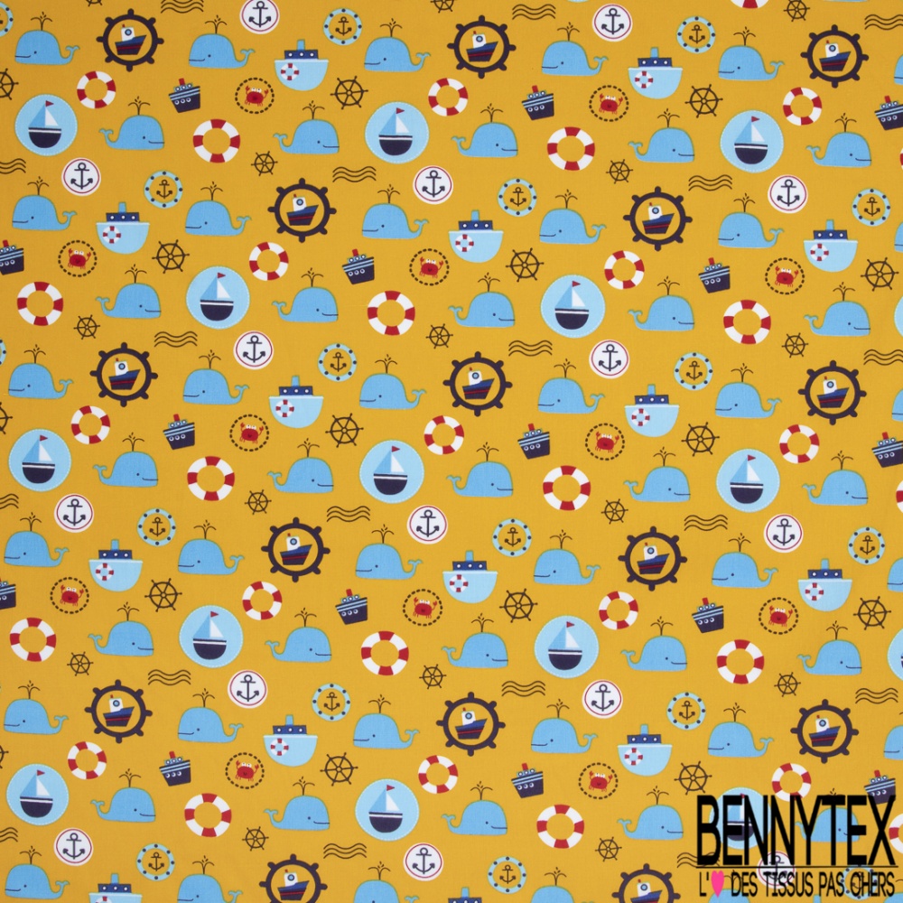 Coton Imprime Motif Theme Marin Fond Moutarde Bennytex Vente De Tissus Pas Cher Au Metre