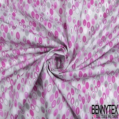 Coton imprimé Motif plume ovale ton gris et rose Fond gris perle