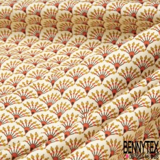 Coton imprimé motif éventail japonisant ton corail et jaune pâle