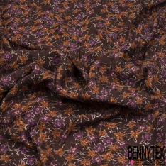 Crêpe Polyester Imprimé Motif fleur ocre et violette Fond choco