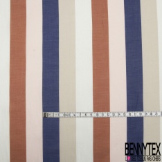 Voile de Coton froissé Imprimé Motif rayure brique rose clair beige et bleu