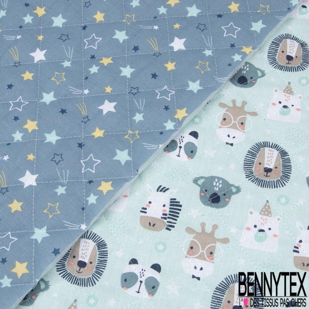 Coton Matelasse Imprime Recto Etoiles Fond Bleu Verso Tetes D Animaux Fond Bleu Clair Bennytex Vente De Tissus Pas Cher Au