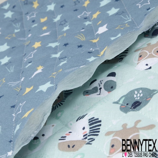 Coton Matelasse Imprime Recto Etoiles Fond Bleu Verso Tetes D Animaux Fond Bleu Clair Bennytex Vente De Tissus Pas Cher Au