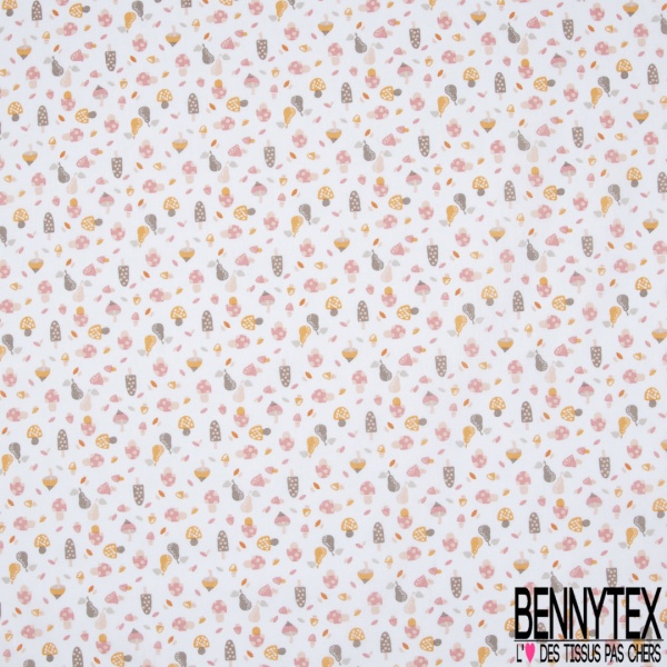 Toile Lorraine 100% coton Impression Motif champignon Fond rose pâle