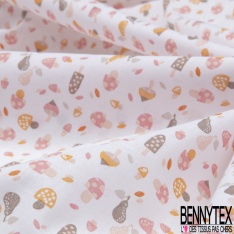 Toile Lorraine 100% coton Impression Motif champignon Fond rose pâle