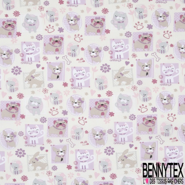 Toile Lorraine 100% coton Impression Motif tableaux chiens Fond sable