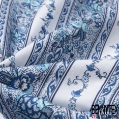 Coton imprimé Digital Motif bande de fleur japonisant bleu et blanc