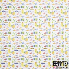 Toile Lorraine 100% coton Impression Motif maison et camion effet dessin Fond blanc
